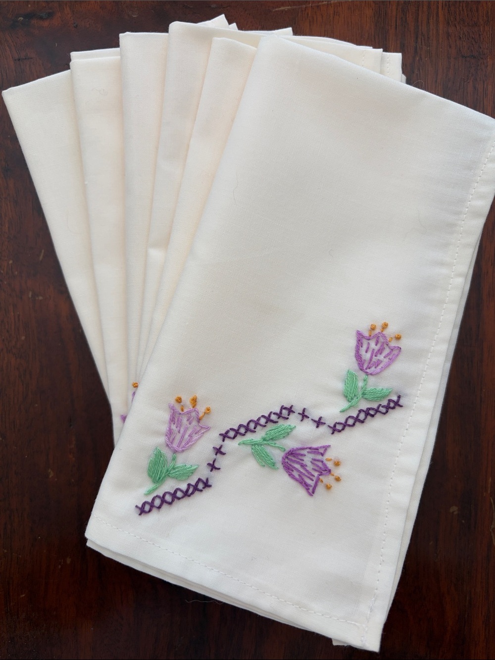 Vintage Hand-Embroidered Floral Cloth Napkins - Set of 6 - Picture 3 of 5